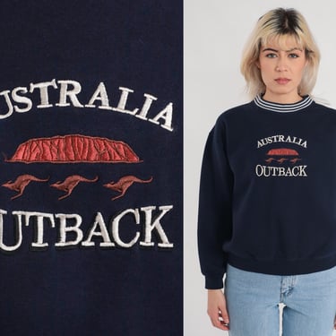 Australia Outback Sweatshirt 90s Australian Sweater Kangaroo Graphic Shirt Tourist Striped Crewneck Pullover Navy Blue Vintage 1990s Small S 