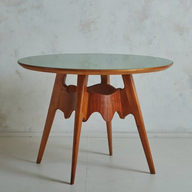 Scalloped Wooden Table with Green Glass Top Attributed to Paolo Buffa, Italy 1940s