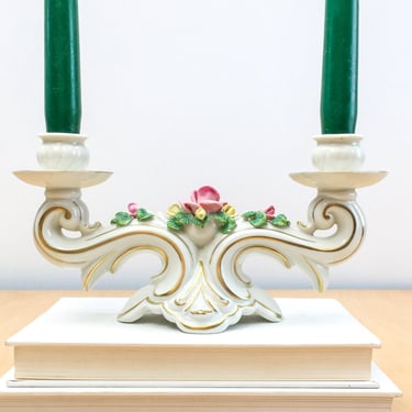 Dresden Porcelain Candlestick Holder, Antique German Ceramic Floral Candelabra, Gold Ivory Pink Green 