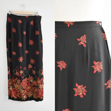 1990s Black and Red Floral Maxi Skirt 