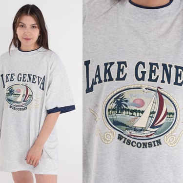 Lake Geneva Shirt 90s Wisconsin T-Shirt Sailboat Graphic Tee Souvenir Travel Tshirt Single Stitch Heather Grey Layered Vintage 1990s XL 