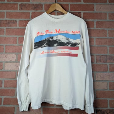 Vintage 1989 Double Sided Pikes Peak Marathon ORIGINAL Longsleeve Running Tee - Large 