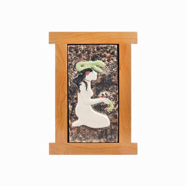 Outsider Art Ceramic Tile Wall Plaque Woman with a Snake 