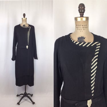 Vintage 20s Dress | Vintage black jersey knit dress | 1920's black ribbed knit dress 