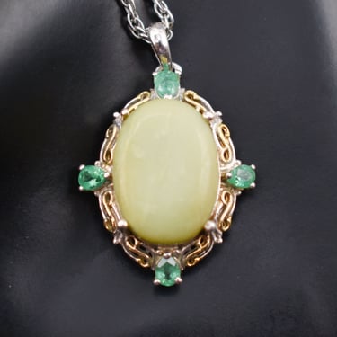 Ornate 80's yellow jade nephrite pear cut emeralds STS 925 sterling silver partial vermeil pendant necklace 