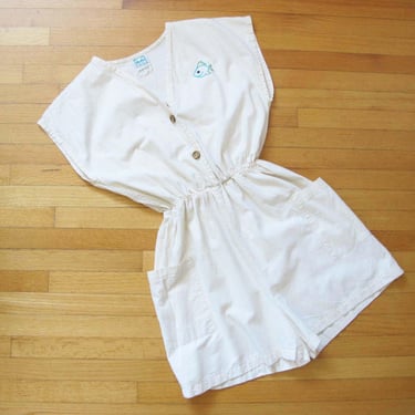 Vintage Women Romper Shorts M - 80s White Cotton Mexican Playsuit Embroidered Fish - Solid Color Elastic Waist One Piece - Vacation Clothes 