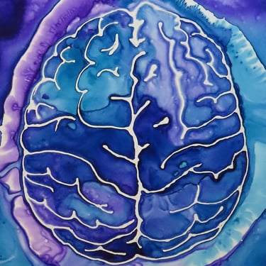 Big Blue and Purple Brain -  original ink painting on yupo - neuroscience art 