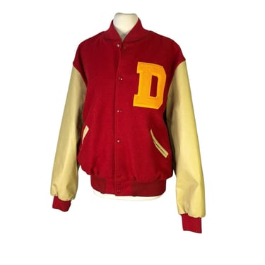 Vintage Deadstock Jacket Holloway XL Original Varsity Made In USA 1980s Rare Red Wool Leather Letter D 