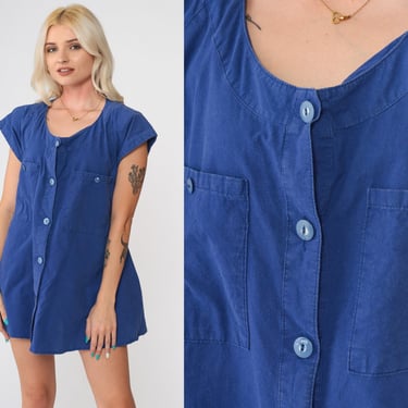 Blue Cap Sleeve Shirt 80s Boho Blouse Tunic Top Button Up Shirt Cotton 1980s Top Short Sleeve Top Scoop Neck Chest Pocket Vintage Small 