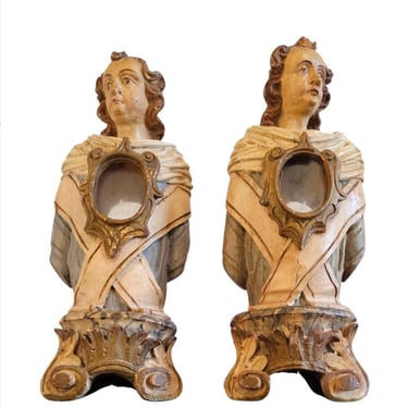 Antique Italian Baroque Carved Polychrome Gilt Wood Church Altar Reliquary Bust Pair - 18th Century Religious Folk Art Sculpture 