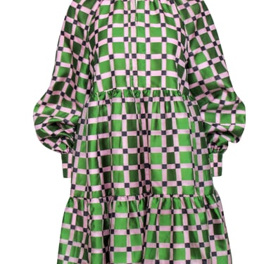Stine Goya - Pink & Green Checkered Print PuffSleeve Dress Sz XS