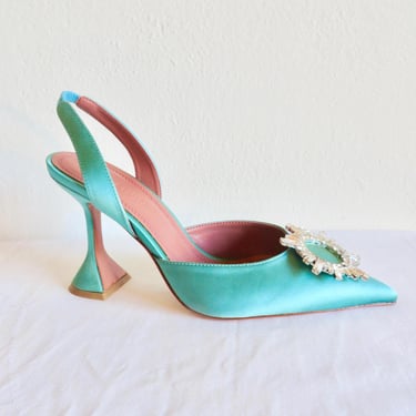 Size 39, 8.5 Amina Muaddi Louis XIV Style Aqua Blue Satin Slingback Heels French Court Heel Rhinestone Brooch Formal Evening Dress Shoes 