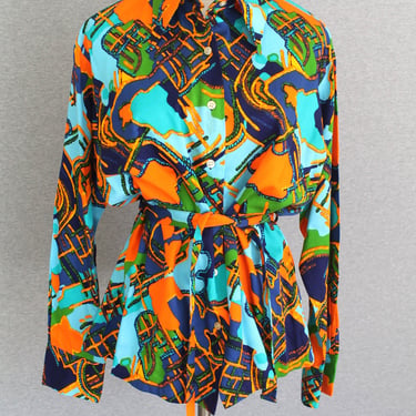 1970's - Belted Button Down Blouse - Mid Century Mod - Neon - Estimated size XL 