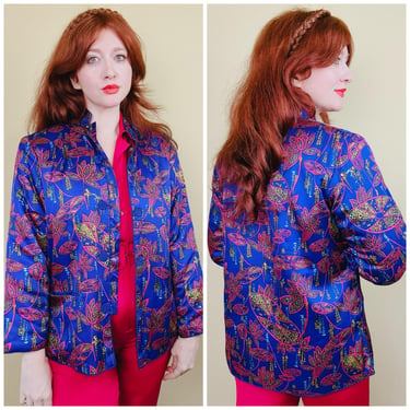 1960s Vintage Purple Silk Mandarin Collar Jacket / Pink Neon Psychedelic Flower Quilted Coat / Medium - Large 