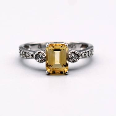 60's citrine tourmaline 925 silver size 8 dress ring, elegant mid-century sterling bling ring 