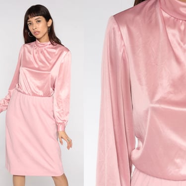 70s Midi Dress Baby Pink Turtleneck Dress Long Sleeve Disco Dress Modest Classic Formal Dress 1970s Vintage Plain Secretary Medium M 