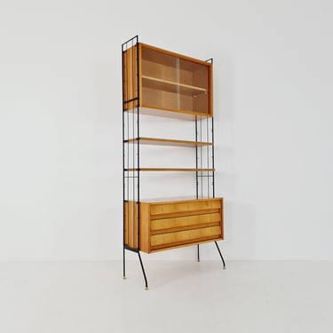 Freestanding string shelf-system unit bookcase Oak & metal by Silverschild Germany, 1950s 