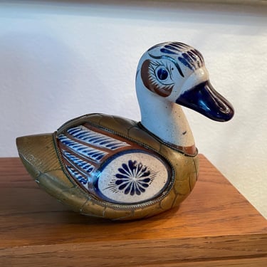 Vintage Pottery Duck with Brass Decoration Hand painted | Ceramic and Brass Duck Figurine | Mexican Tonala Pottery and Brass Duck Figure 