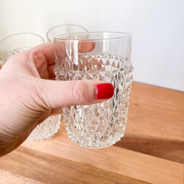 Clear Diamond Point Tumbler Glasses by Indiana Glass. Set of Four Heavy Vintage Cocktail Glasses. Mid Century Diamond Cut Juice Glasses. 