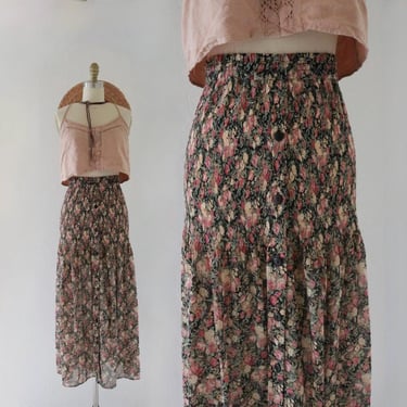 chiffon button front maxi skirt - 28-32 - vintage 90s y2k sweet womens floral size small cute cottage cottagecore fall sheer grunge boho 