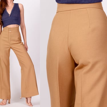 70s Tan Flared High Waisted Pants - Extra Small, 24" | Vintage Retro Flares Hippie Bell Bottom Trousers 