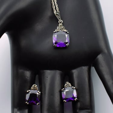 80's purple tourmaline pyrite 925 silver demi parure, cushion cut gems marcasite sterling earrings & necklace 