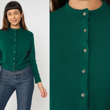 60s Cropped Cardigan Forest Green Button Up Knit Sweater Long Sleeve Fruit of the loom Basic Plain Preppy Sixties Top Vintage 1960s Small S 