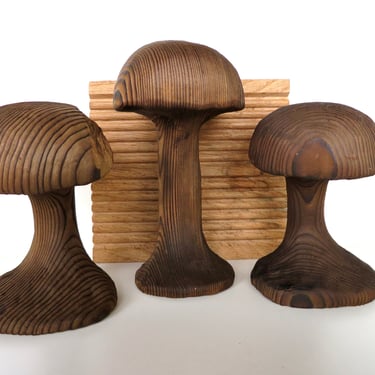 Set of 3 Large Cryptomeria Wooden Mushrooms From Japan, Carved Wooden Mushroom Sculptures Live Edge 