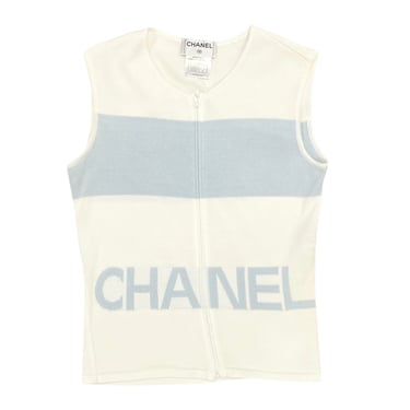 Chanel Blue + White Zipper Tank Top