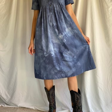 Vintage Laura Ashley Dress / Indigo Dyed Ghost Check Plaid Printed Cotton Dress / Pleated Bust Bodice Tent Dress / 1990's Dress 
