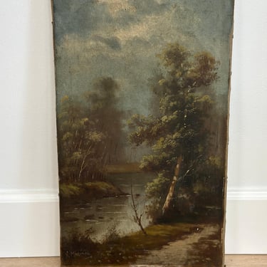 Antique European Oil Painting on Canvas, Country River Scene 