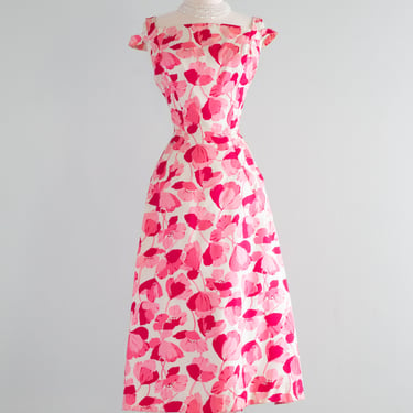 Glamorous 1950's Pink Poppy Print Cocktail Dress By Estevez / Medium