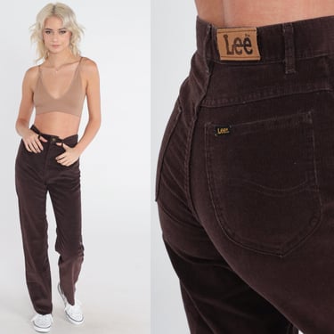 Brown Corduroy Pants 80s Lee Trousers High Waisted Rise Straight Leg Retro Preppy Cords Basic Plain Slacks Vintage 1980s Extra Small XS 25 