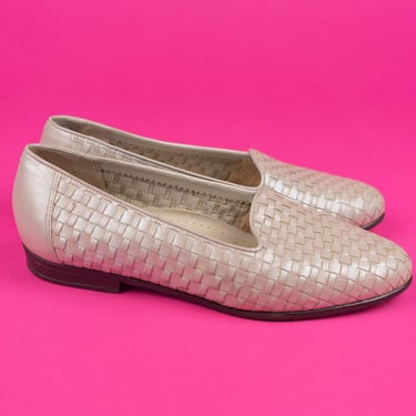 Vintage 80s Trotters Pearl Metallic Woven Leather Slip-On Loafers Size 9WW 