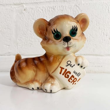 Vintage Tiger Planter Pot Figurine Ceramic Cat 1950s 50s Ceramic Retro Plants Decor Lefton Japan Green Glass Eye Cub Get Well 