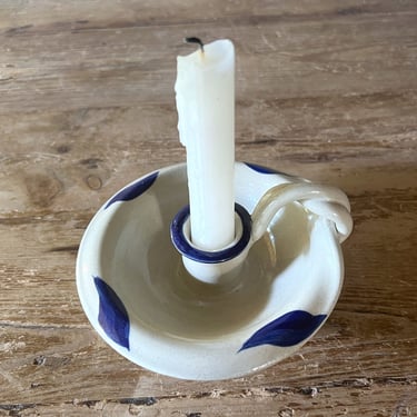 Salt Glazed Pottery Cobalt Leaf Chamberstick Candle Holder, Signed Clay Candlestick Holder with Finger Loop 
