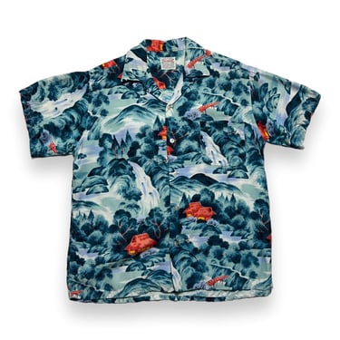 Vintage 1950s PILGRIM Rayon Hawaiian Sport Shirt ~ M ~ Aloha ~ Rockabilly / Tiki / Atomic / VLV ~ Loop Collar 