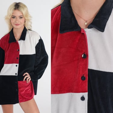 Color Block Shirt 90s Velour Button Up Blouse Red White Black Long Sleeve Top Collared Casual Retro Streetwear Oxford Vintage 1990s 2xl xxl 