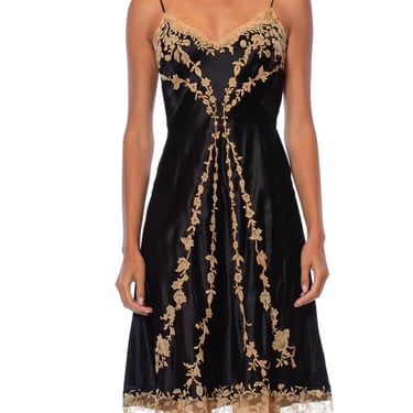 1950S Black  Ecru Haute Couture Silk Charmeuse Bias Slip Dress With Hand Appliquéd Lace 