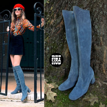 US Size 8.5 - Vintage 60s 70s Dusty Light Blue Half-Knee Black Suede Dream Boots 
