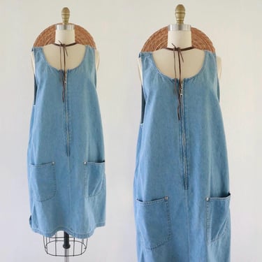 denim zip dress - m - READ - vintage 90s y2k 1990s jean apron jumper casual minimal simple womens medium 