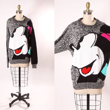 1990s Black, White, Pink and Turquoise Long Sleeve Knit Pullover Minnie Mouse Novelty Sweater by Mickey & Co. 