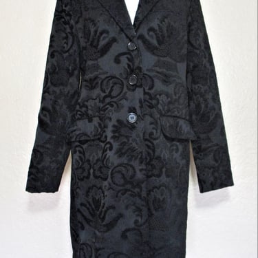 Vintage 1990s Black Flocked Satin Coat, Medium Women, quilted lining, warm coat 