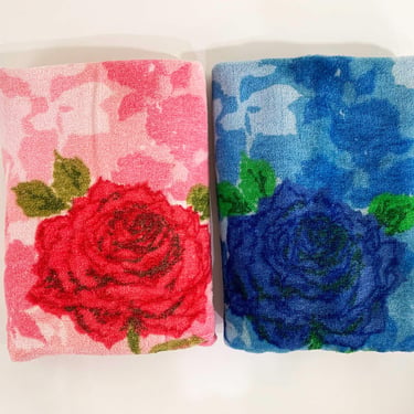 Vintage Cannon Cotton Bath Towels Floral Bathroom Matching Towels 1960s 60s Pink Blue Roses Mid-Century Retro Flowers Terrycloth Shower Home 