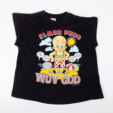 90s Elmer Fudd Wuv God Tank - Men's XL, Women's 2XL | Vintage Black Looney Tunes Beach Graphic Muscle Shirt 