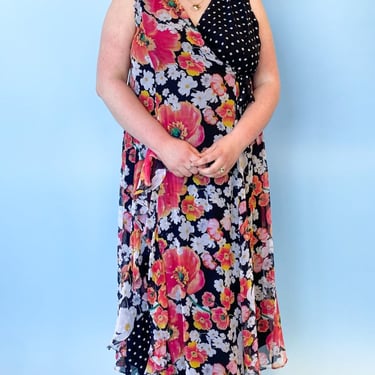 1990s Polka Dot and Floral Wrap Dress, sz. 2X
