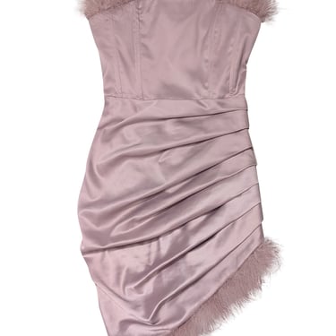 Lavish Alice - Pink Satin Feather Trim Strapless Dress Sz 2