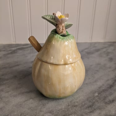 Vintage Ceramic Pear Sugar Bowl with Spoon 1982 