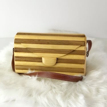 70s Vintage Wooden Striped Handbag Shoulder Purse Long Arts and Crafts Wood Bag Unique Striped 