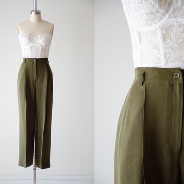high waisted pants | 80s 90s vintage olive green silk dark academia pleated straight leg trousers 